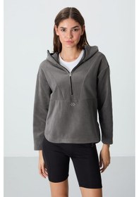 Resim Tommy Life Koyu Gri Kalın Yumuşak Dokulu Kapüşonlu Oversize Nakışlı Polar Kadın Sweatshirt -97286 Koyu Gri 