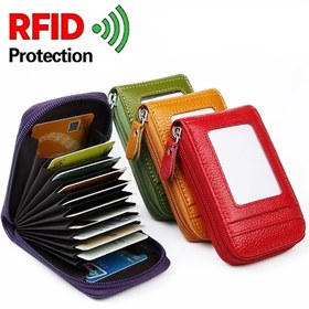 Resim Zipper Kredi Kartı Tutucu, RFID Engelleme Debriyaj Cüzdanı 12 Kart Yuvası ile, Kadınlar için Küçük Kart Kılıfı 