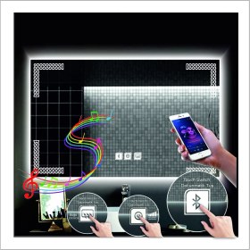 Resim Dnr-Mirror80x120 Cm Beyaz Ledli Tasarım Kumlamalı Dokunmatik Bluetoothlu Buğu Önleyicili Makyaj Banyo Aynası 