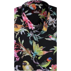 Resim Wessi Kuş Ve Çiçek Desenli Slim Fit Uzun Kollu Siyah Erkek Gömlek Çok Renkli 
