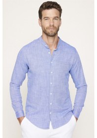 Resim Tudors Slim Fit Hakim Yaka Pamuklu Keten Erkek Sax Mavi Gömlek-27768-saks Mavi Saks 