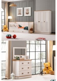 Resim Genç Odası Takımı , Zenit 3 Kapaklı Dolap, Yavrulu Korkuluklu Sedir Karyola, Şifonyer Beyaz 