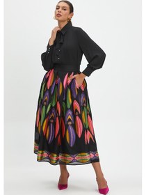 Resim Kadın Desenli Midi Boy Etek - Canlı Renkli İşlemelerle Özel Gün Ve Günlük Kombinler İçin Şık Tasarım Siyah 