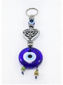 Resim Lacivert, Eskitme Çiçekli Kalp El Yapımı Cam Nazar Boncuklu Anaht 