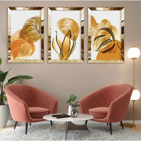 Resim Zevahir Mobilya Dekorasyon Soyut Desen Bitki Gold Pleksi Kenar Üçlü Mdf Tablo Seti 