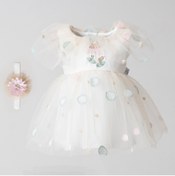 Resim MİNİBORN Yeni Doğan Kız Kısa Kollu Fungus Flowers Dress Sarı Elbise Set 