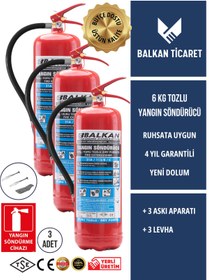 Resim Balkan Ticaret 3 Adet 6 Kg Tozlu Yangın Tüpü + askı aparatı ve uyarı levhası hediyeli - kompakt tasarım, güçlü etki 
