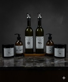 Resim BÜYÜLÜ HOME Ahşap Stantlı Yağdanlık Sabunluk Ve Pamuk Seti Ayçiçek yağı Zeytinyağı 750 ml 7 parça 