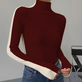 Resim Kadınlar İçin Çift Yönlü Yarım Fermuarlı Kazak - Bordo & İki Tonlu Renk Bloklu Yaka, Dik Yaka Uzun Kollu Kazak Ceket, Rahat Kışlık Katman Parçası (Desensiz), Elde Yıkama/Kuru Temizleme, Gündelik ve Resmi Kullanım İçin Çok Yönlü 