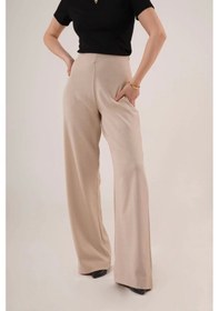 Resim Bol Paça Yandan Fermuarlı Krem Kumaş Pantolon Krem 