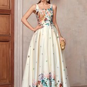 Resim Şık Omuzlu Çiçek Desenli Elbise - Uzun Kollu Parti Elbisesi ile Altın Detaylar, Polyester, Yetişkin Kadınlar için Mükemmel, Bahar/Sonbahar Etkinlik Kıyafeti, Etkinlik Elbisesi | Çiçek Desenli Elbise | Polyester Elbise 