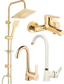 Resim ARMİLLA ARMATÜR Altın Renk Robot Duş Sistemi Mutfak Eviye Banyo Ve Lavabo Musluğu Bataryası 4’lü Set 