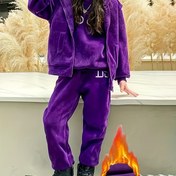 Resim 3 Parça Kızlar İçin Kışlık Sıcak Kapüşonlu Eşofman Takımı - Kalın Ceket, Pantolon ve Bacaklı Eldivenler - Mor ve Beyaz Renk, Harf Baskılı Uyumlu Kıyafet, Makinede Yıkanabilir Soğuk Hava Giysileri, Gençler İçin Mükemmel, Dış Mekan Kullanımına Uygun 