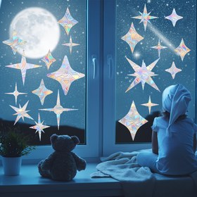 Resim 1 adet Klasik Starburst Güneş Yakalayıcı Pencere Yapışkan, 2mil Kalın Plastik, No-Glue Statik Dekal, Balkon, Yatak Odası ve Cam Kapılar için 