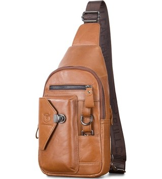 Yaozixa Erkekler İçin Deri Gömlek Çantası - Yumuşak İlk Derece Deri, Telefon Tutucu, Kilitli, Zincir Askılı Çapraz Çanta - Sarı Kahve Diğer
