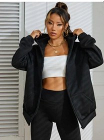 Resim Siyah 2 İp Örme Kumaş Kapüşonlu Fermuarlı Sweatshirt Siyah 