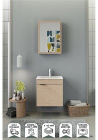 Resim Biani Fix Loft 55 Cm Banyo Dolabı,Seramik Lavabolu, Aynalı,Lavabo Dahil,Mdf,Aybe Bej 