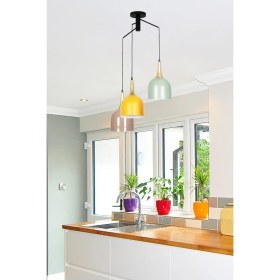 Resim Fer Avize Reina Otantik Tasarım Salon - Cafe - Mutfak - Çocuk Odası Kahve Turuncu Yeşil Renk Mix 3 Lü Avize 