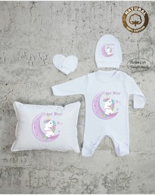Resim yzc home size dair... K119 Ty Isme Özel Isimli Baskılı Bebek Yastık Tulum Şapka Eldiven Set Hastane Çıkışı %10 Pamuk 