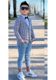 Resim Riccotarz Erkek Çocuk Kırmızı Çizgili Blazer Ceket Kot Pantolon Alt Üst Takım Gri 