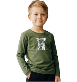 Resim Panios Kids Düz Yuvarlak Yaka Think Out Baskı Detaylı Erkek Çocuk Sweatshirt Haki 