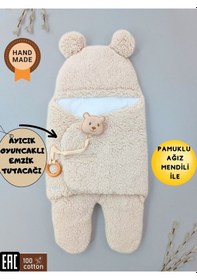 Resim Bebek Dış Kundak Battaniyesi Pelüş Ayaklı Welsoft Uyku Tulumu Kışlık Mont Yenidoğan 0-12 Ay Bej 