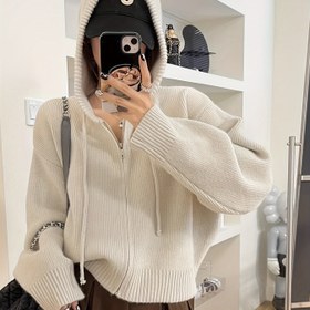 Resim Katı Fermuarlı İpli Kapüşonlu Hırka, Sonbahar ve Kış İçin Rahat Uzun Kollu Gevşek Hırka, Kadın Giyim 