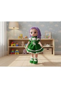 Resim El Yapımı Amigurumi Kız Bebek Kişiye Özel Renk Seçenekli Örgü Oyuncak Açık Yeşil 