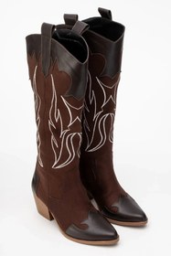 Resim MAUDAS Noriel Acı Kahve Süet Nakış Detaylı Kısa Topuklu Western Kadın Çizme 