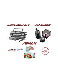 Resim 3 Katlı Metal Evrak Rafı + Kalemlik Seti + Küp Not Kağıdı 