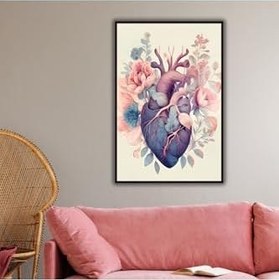 Resim Gaagart Metal Çerçeveli Cam Dahiliye Poliklinik Tablosu Çiçekli Kalp, 60 X 90 