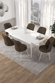 Resim Canisa Concept Via Serisi 80x132 Açılabilir Mutfak Masası Takımı Beyaz Masa 6 Kahverengi Sandalye 