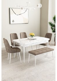 Resim Clara Beyaz Mermer Desen 80x132 Açılabilir Yemek Odası Takımı 4 Sandalye, 1 Bench Cappucino 