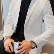 Resim Erkek Şık Waffle-Knit Uzun Kollu Blazer - Bej İki Gövde Düğme Kapatma, Dokulu Tasarım ve Cep, İş veya Rahat Giyim için Mükemmel 