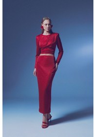 Resim Sateen Simli Midi Etek - Kırmızı-135386 Kırmızı 