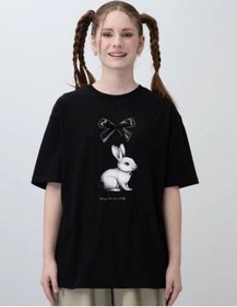 Resim Zekids Kız Çocuk Tavşan Baskılı Oversize Tasarım Tshirt-15538 Siyah 