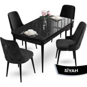 Resim Canisa Concept Nev Serisi 80 x 132 cm Açılabilir Siyah Mermer Desen Masa Takımı 4 Sandalye Gümüş Halkalı 