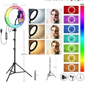Resim Everest Grup 10 Inç 30 Cm Rgb Çok Renkli Led Make Up Selfie Işığı 210 Cm Tripot Selfie Çubuğu Tiktok Işığı Rgb 