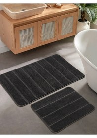 Resim Doğal Kaymaz Taban Banyo Paspas Set Yumuşak Dokulu Su Emici Yıkanabilir Yeni Çizgili Set 50x80-50x40 Antrasit 