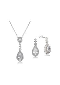 Resim Brezza Lusso Jewelry Zirkon Taşlı Işıltılı Damla Diamond Kadın Gümüş Kolye Küpe Seti 