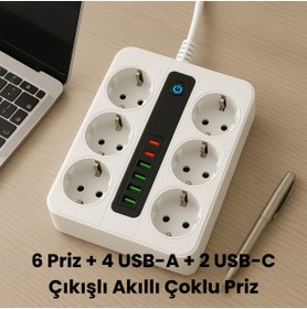 Resim SMAYLİNG 6 Prizli Akıllı Uzatma Kablosu – 4 USB-A + 2 Type-C Hızlı Şarj Çıkışlı Akım Korumalı , 2 Metre Kablo 