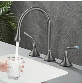 Resim Modern Gri 360 Derece Döner 3 Delik 2 Kulplu Banyo Tezgah Üstü Lavabo Bataryası 