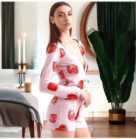 Resim Eğlenceli Çilek Desenli Pijama Tulum - Pembe Renk Ev Giyim Düğme Kapama Çilek Çok Renkli 