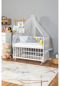 Resim Ahşap Beşik Anne Yanı Beşik Beyaz 60x120 - Mavi Sarı Örgü Uyku Seti Seti + Yatak + Tekerlekli Beyaz 