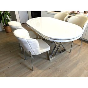 Resim Msy Home 4 Kişilik Serya Beyaz Oval Masa Krom Ayak Yönsüz Kumaş Modern Ve Şık Yemek Odası Takımı Krem 