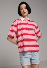 Resim Colin's Colins Regular Fit Polo Yaka Çizgili Kadın Kirmizi Kısa Kol Tişört Cl1080078 Q1.v1 Red Kırmızı 