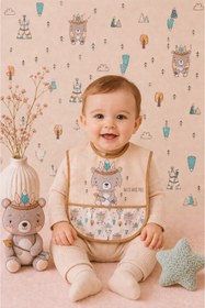 Resim Bebechi Kabile Ayı Desenli Cepli (KOLSUZ) Su Geçirmez Bebek Mama Önlüğü 