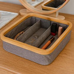 Resim Ahşap Çerçeveli 3 Bölmeli Kumaş Makyaj Ve Kozmetik Organizer 