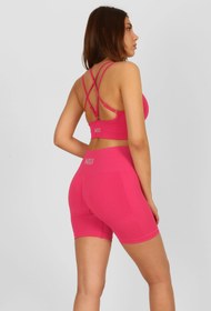 Resim Yüksek Bel Büzgülü Push-Up Spor Tayt Şort Pembe - XS 