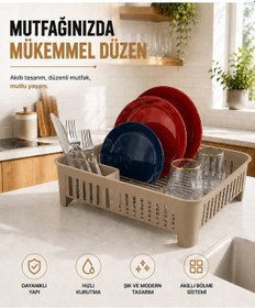 Resim Bulaşıklık Tezgah Üstü Tabak Bardak Kurutmalık Plastik Bulaşık Sepeti 33x41 Cm Bej S-10567 